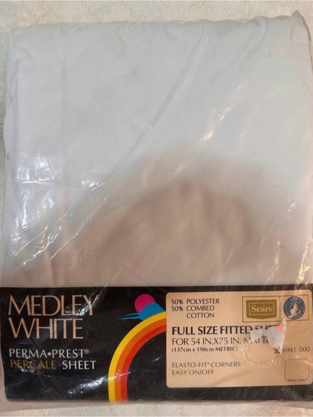 Vintage Sears Medley White Full Size Fitted Sheet - White
